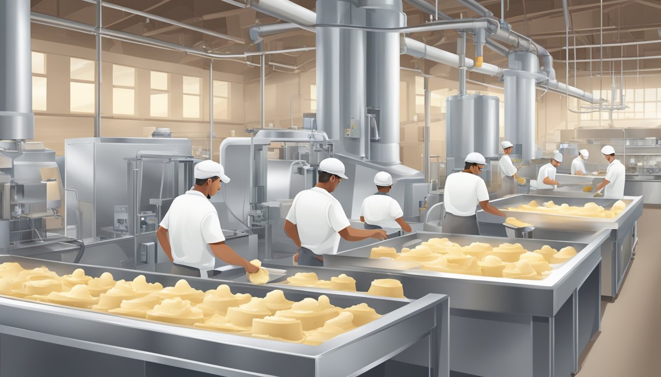 A bustling creamery factory with workers packaging and labeling ice cream, while machines churn and freeze the creamy mixture