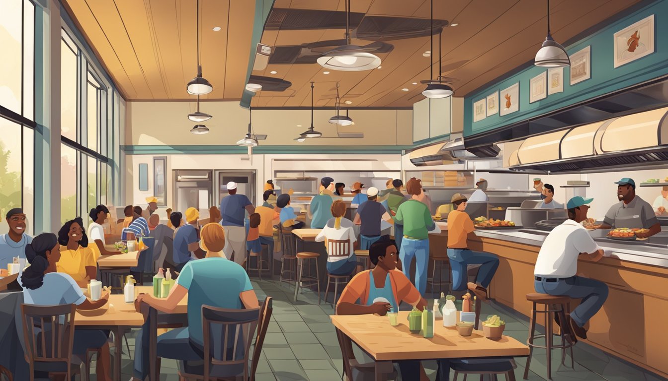 A bustling Texas chicken restaurant with a line of customers, a busy kitchen, and satisfied diners enjoying their meals