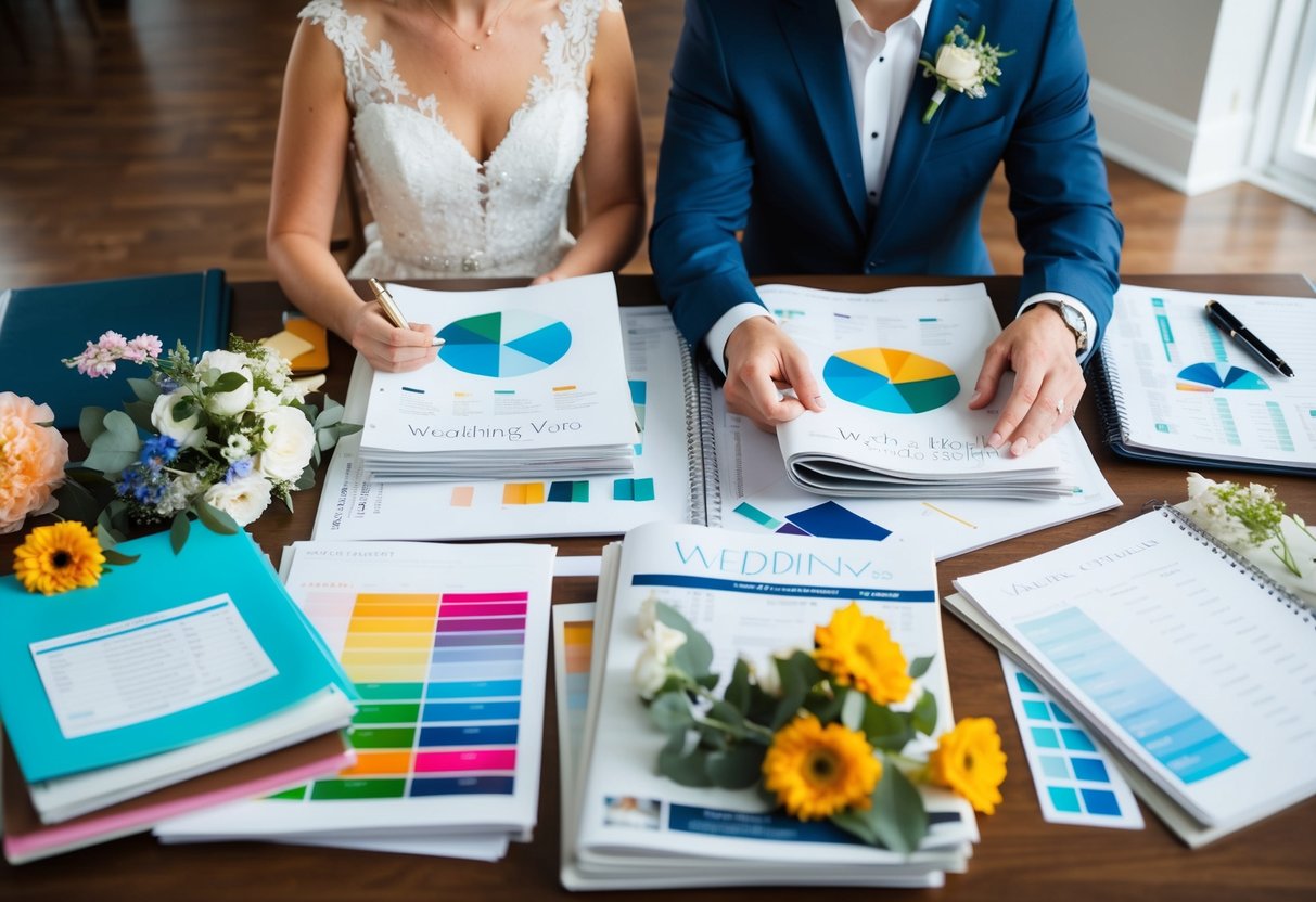 A couple sits at a table covered in wedding magazines and spreadsheets, surrounded by color swatches and floral samples, as they plan their wedding vision and budget