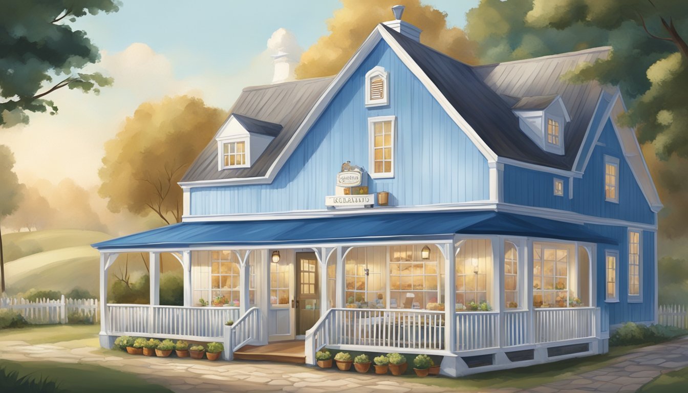 A quaint creamery nestled in a rural setting, with a charming blue and white exterior and a welcoming atmosphere