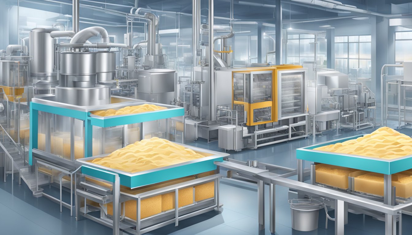 Machinery mixes, freezes, and packages ice cream in a large factory