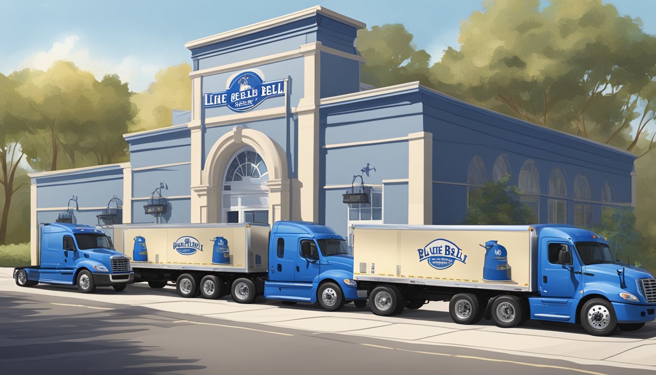 A line of Blue Bell delivery trucks parked outside a creamery, with the company's logo prominently displayed on the building