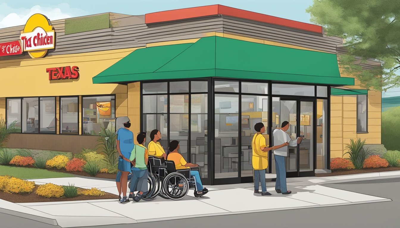 Customers in wheelchairs easily enter and enjoy Texas Chicken. A ramp and automatic door provide accessibility. Drive-thru offers convenience