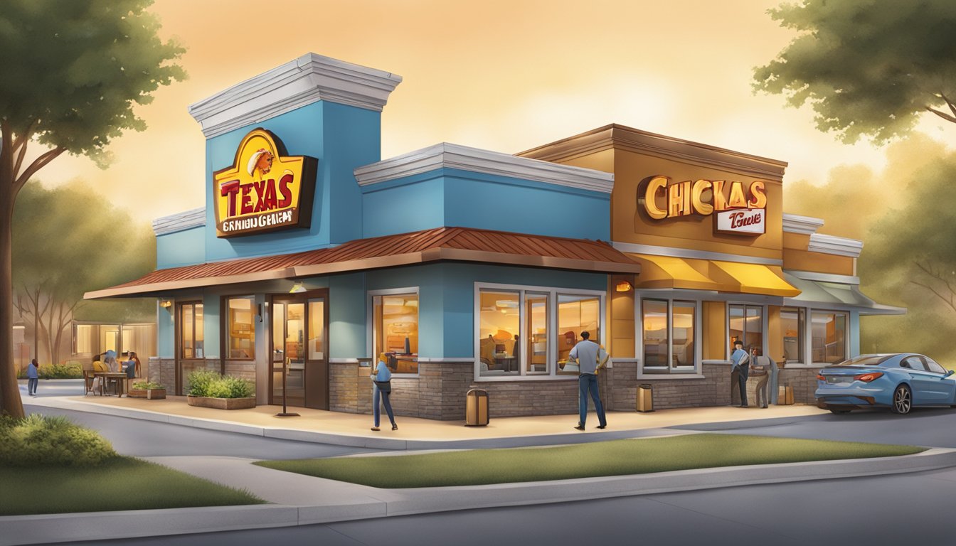 A bustling Texas chicken restaurant with a clean, welcoming exterior. A sign proudly displays the company's corporate responsibility initiatives