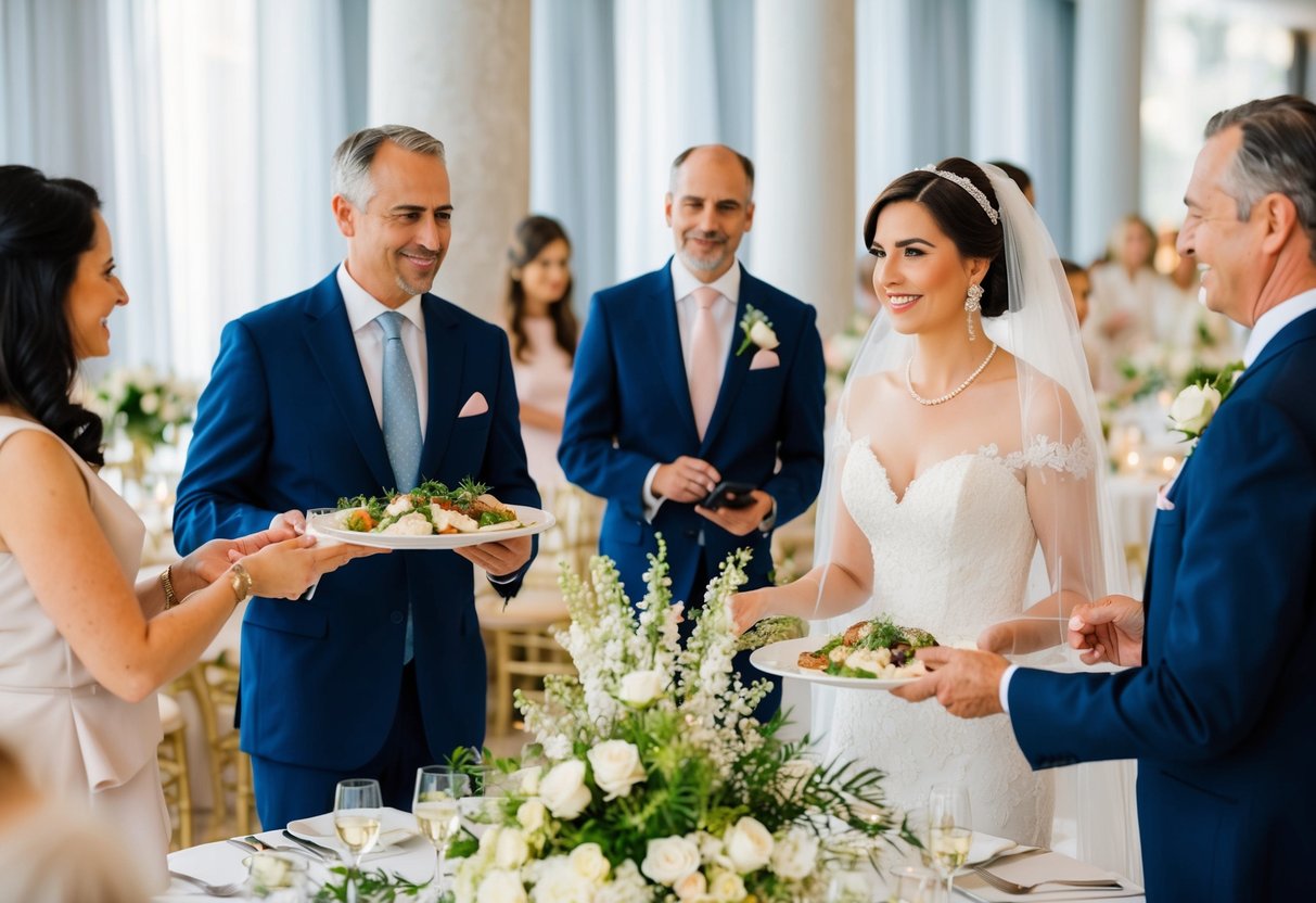 The bride's family pays for the venue, catering, and decorations at the wedding. An illustration could show the parents overseeing these arrangements with vendors