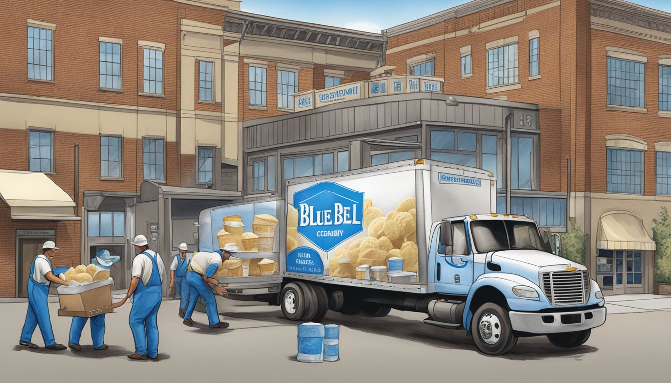 The Blue Bell Creameries factory hums with activity as workers package and load ice cream onto delivery trucks