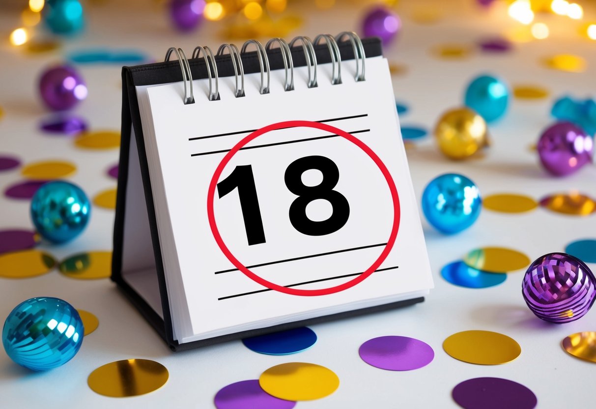 A calendar with a highlighted date circled and surrounded by confetti and celebration decorations
