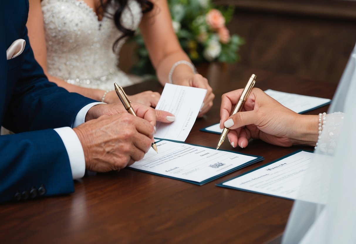 The bride's parents writing checks for additional wedding expenses