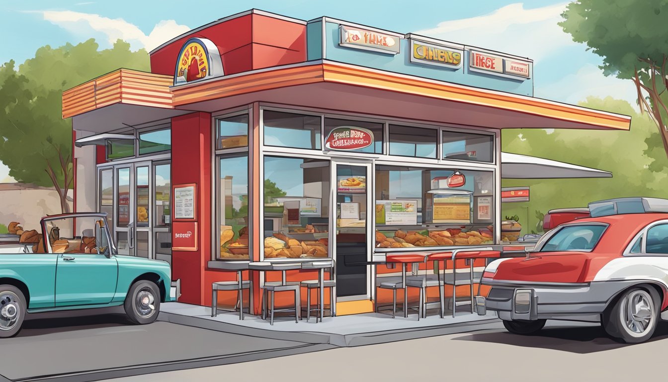 A busy Texas Chicken restaurant with a red and white exterior, a drive-thru window, and a colorful menu board