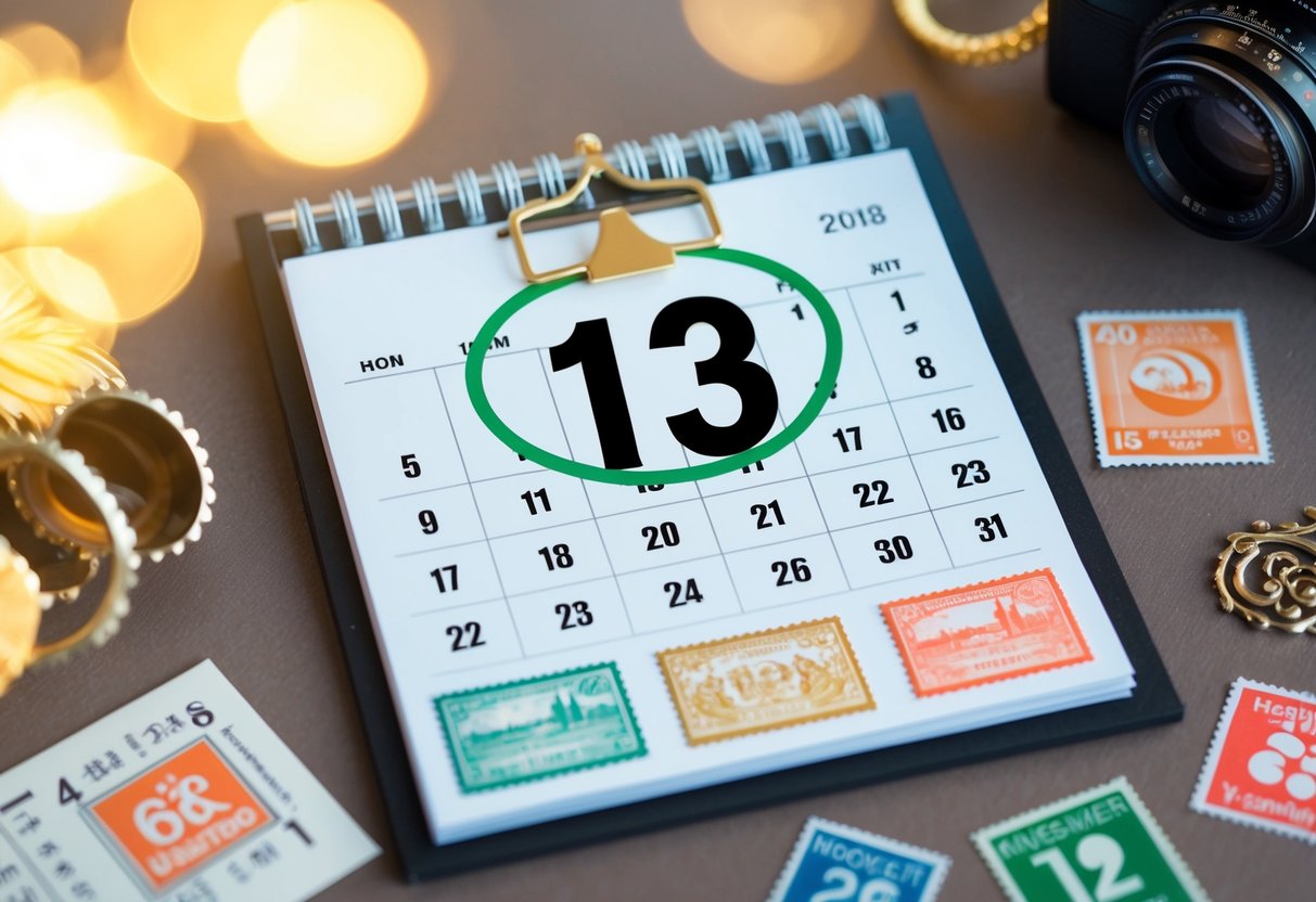A calendar with a highlighted date circled, surrounded by decorative elements and a postage stamp