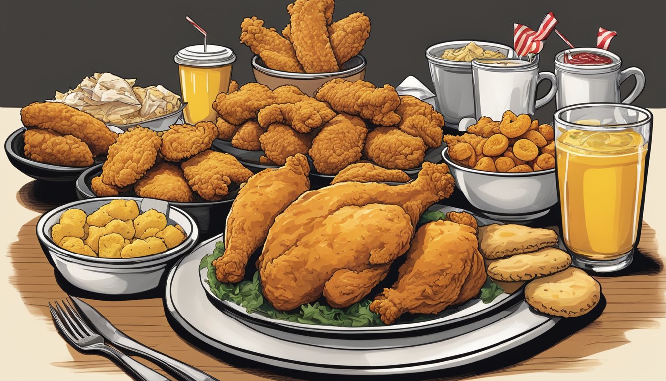 A table set with a variety of fried chicken, biscuits, and sides, with the Church's Texas Chicken menu displayed prominently