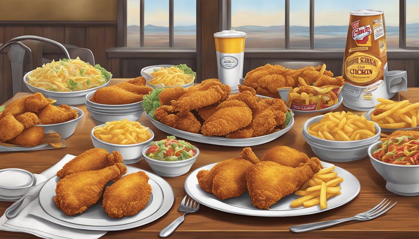 A table set with church's texas chicken dishes on a menu