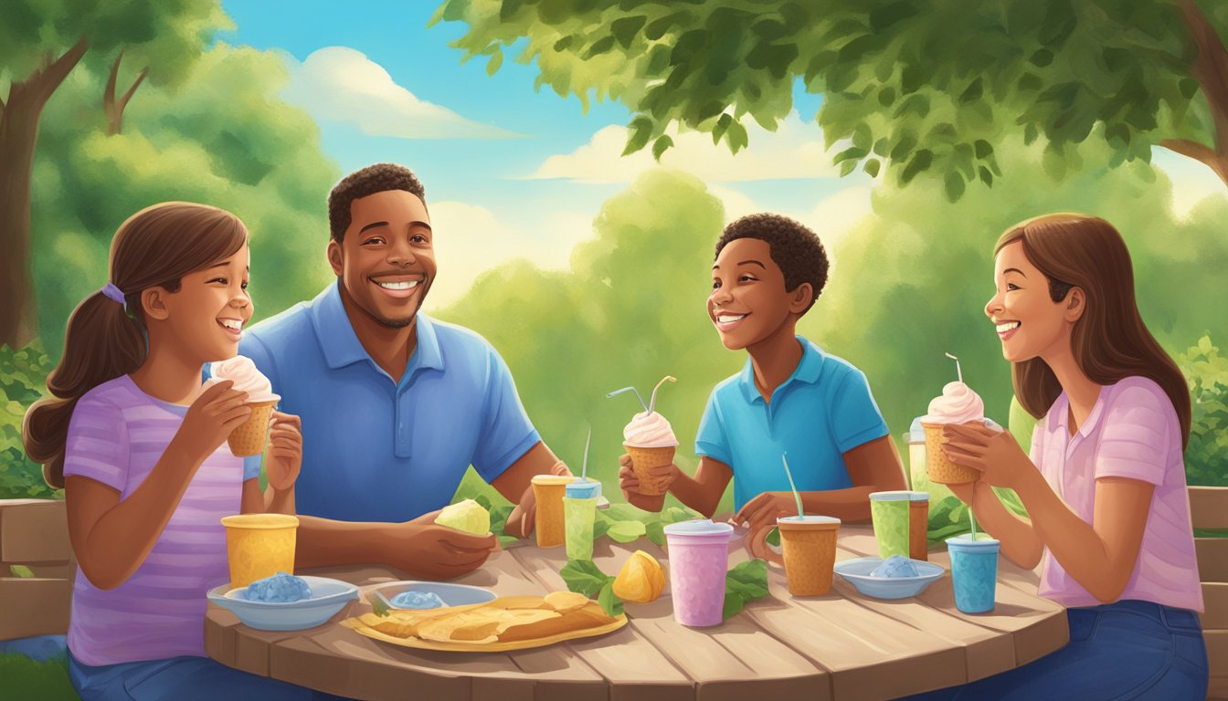 A smiling family enjoys Blue Bell ice cream at a picnic table, surrounded by lush greenery and a bright blue sky