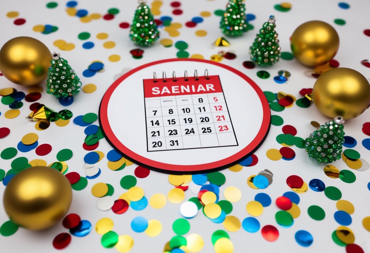 A calendar with a circle around a specific date, surrounded by festive decorations and confetti