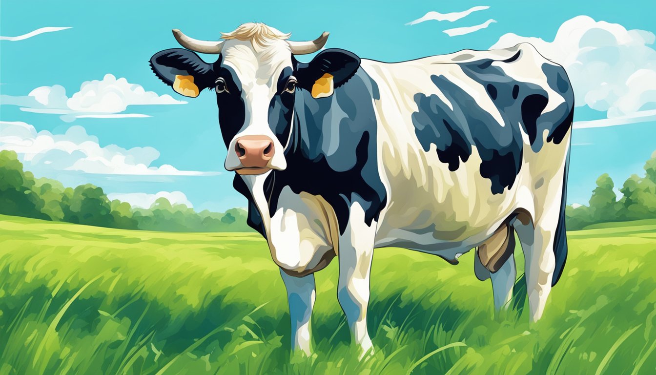 A cow grazing in a lush green pasture with a bright blue sky above