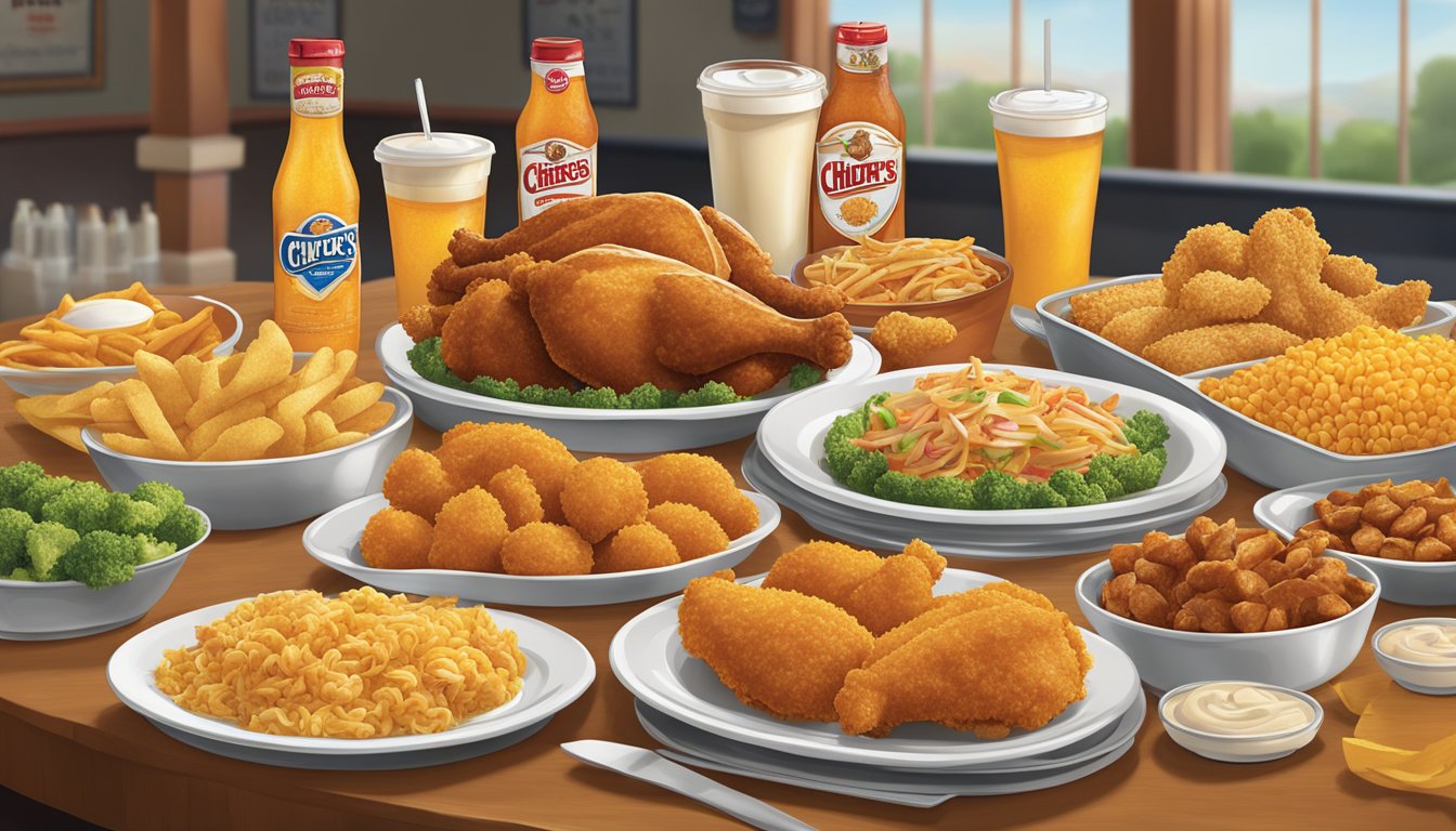 A table with a variety of sides and add-ons from Church's Texas Chicken menu displayed in an organized and appetizing manner