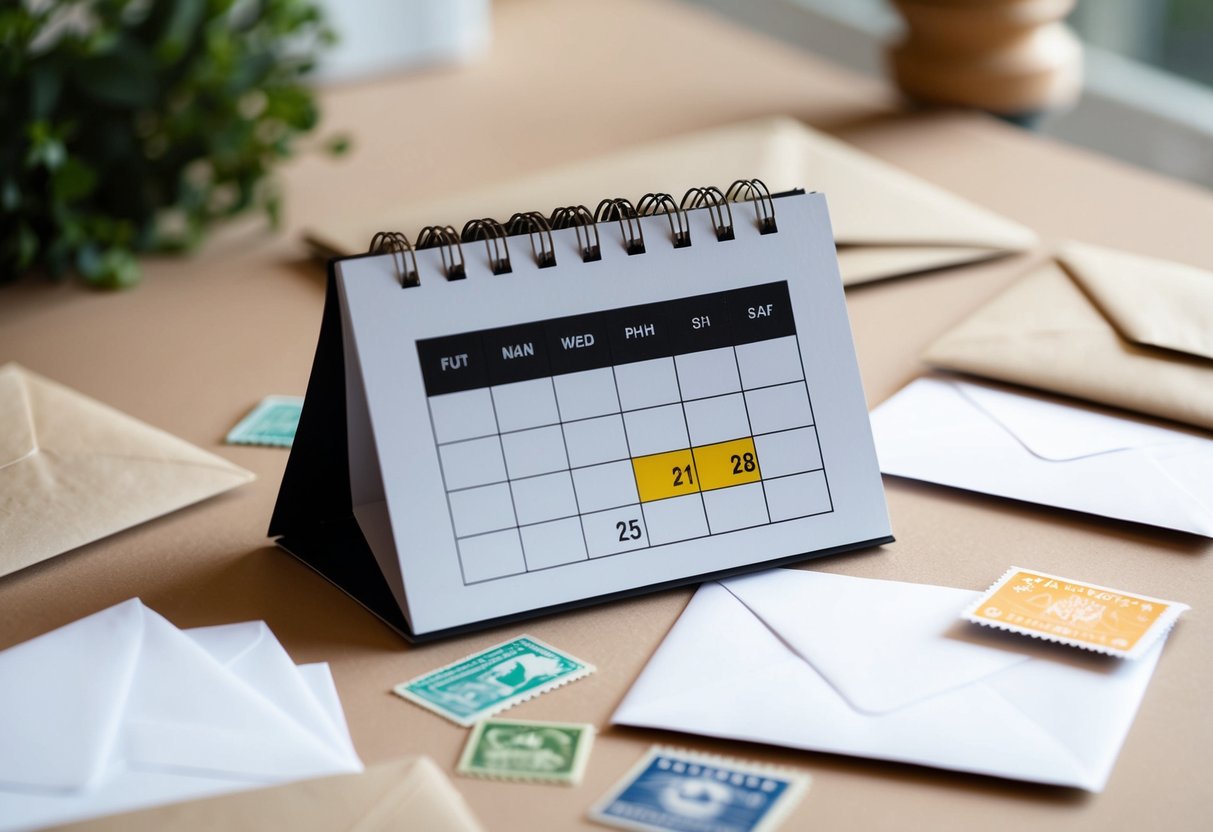 A calendar with a highlighted date circled, surrounded by envelopes and stamps