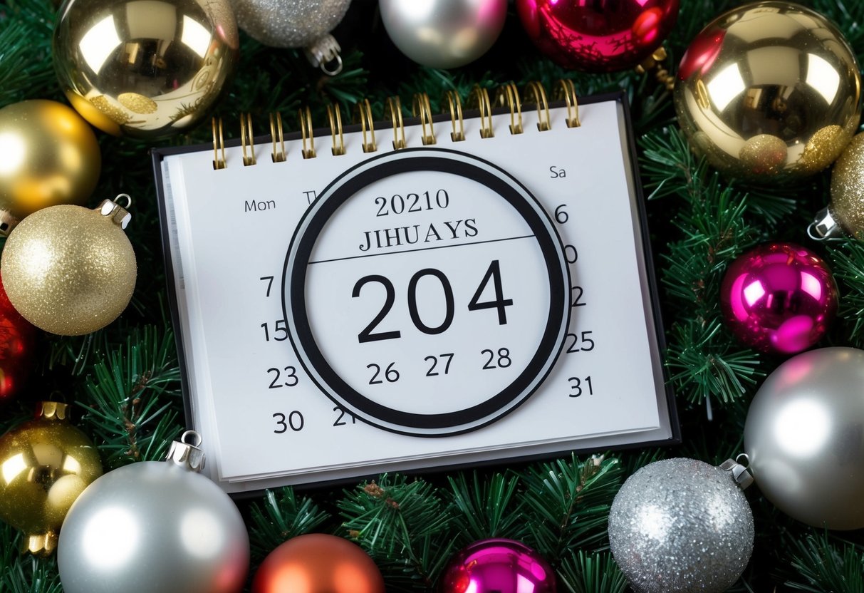 A calendar with a circle around the date, surrounded by festive decorations and a sense of anticipation