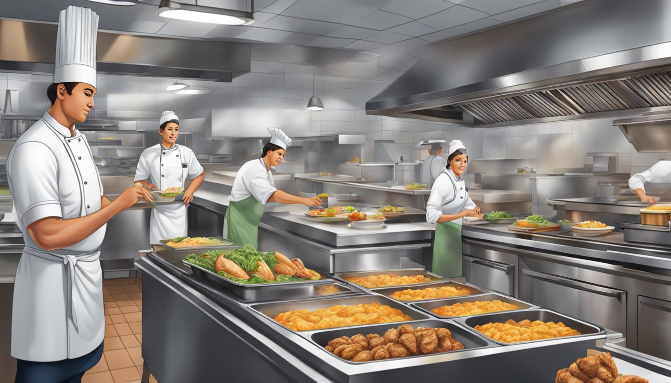 The bustling kitchen of a Texas chicken restaurant, with chefs preparing catering and family orders