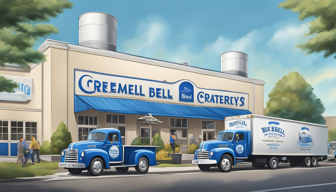 A bustling blue bell creameries factory with delivery trucks and a sign advertising expansion and business news