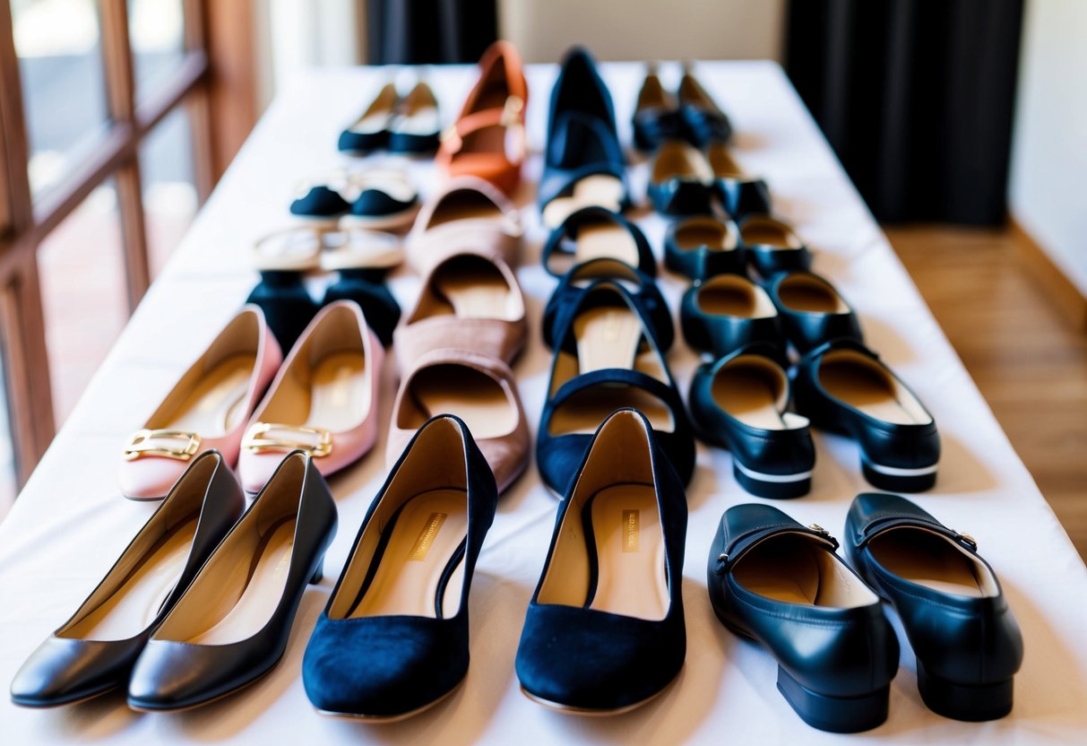 A row of stylish and comfortable footwear options arranged neatly on a table, including elegant flats, chic heels, and sleek loafers