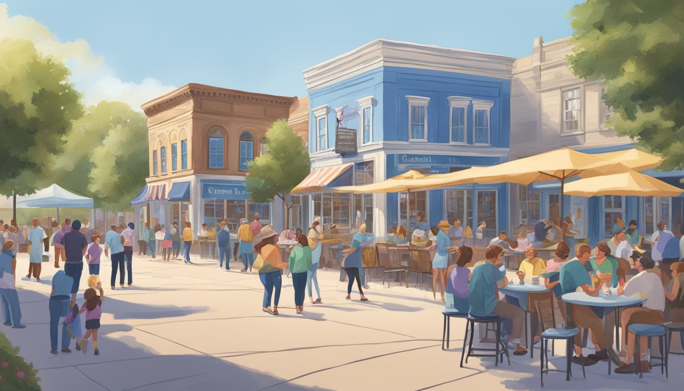 A bustling town square with a line of people at a blue bell creamery, chatting and enjoying ice cream