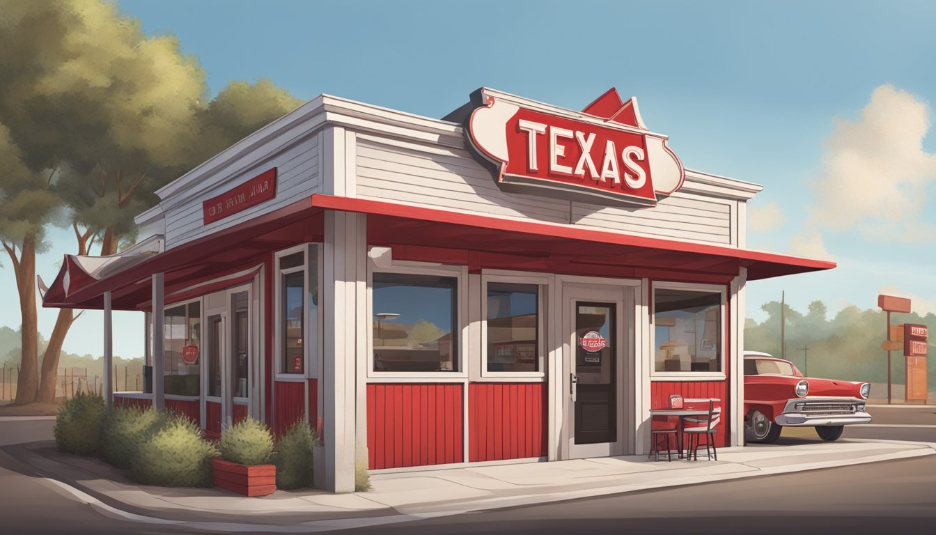 A rustic Texas Chicken restaurant with a red and white exterior, a prominent sign, and a drive-thru window