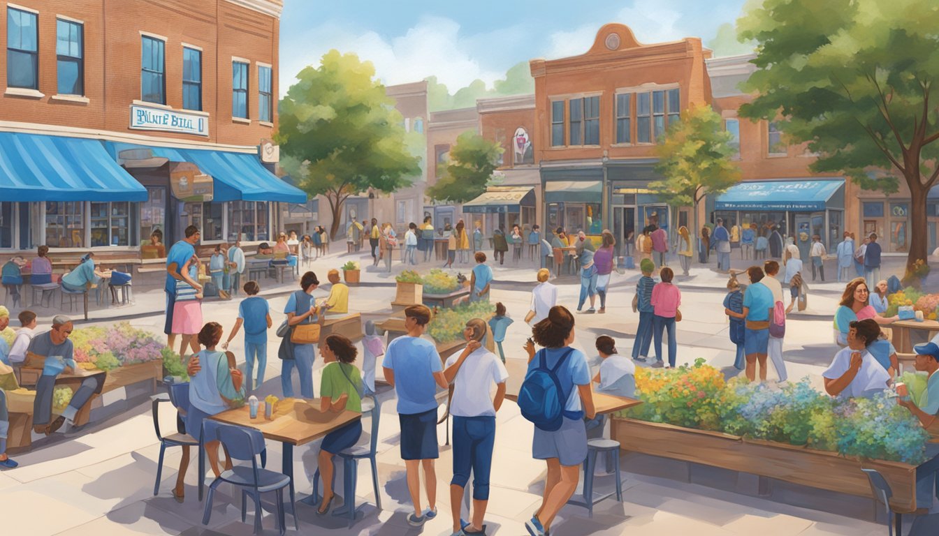 A bustling town square with a colorful mural of a blue bell flower, surrounded by people chatting and enjoying ice cream from Blue Bell Creameries