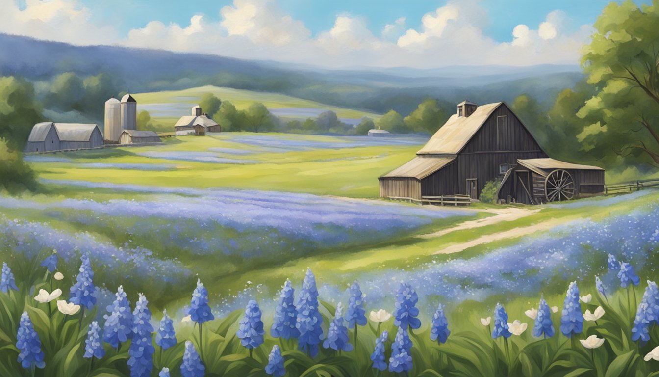 A serene scene of a broken arrow nestled among blue bell flowers, with creameries in the background