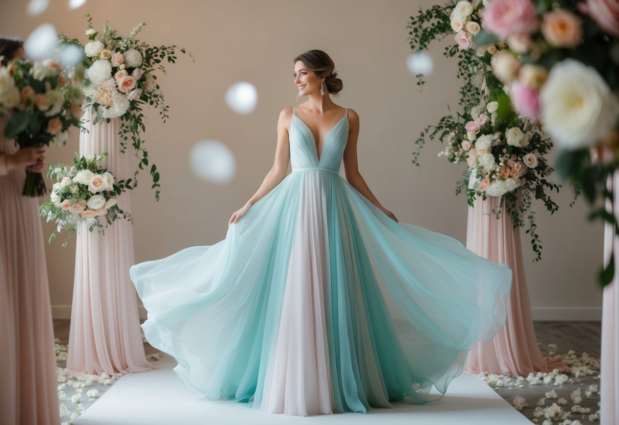 A woman in a flowing, elegant gown in a soft pastel color, surrounded by flowers and other wedding decorations