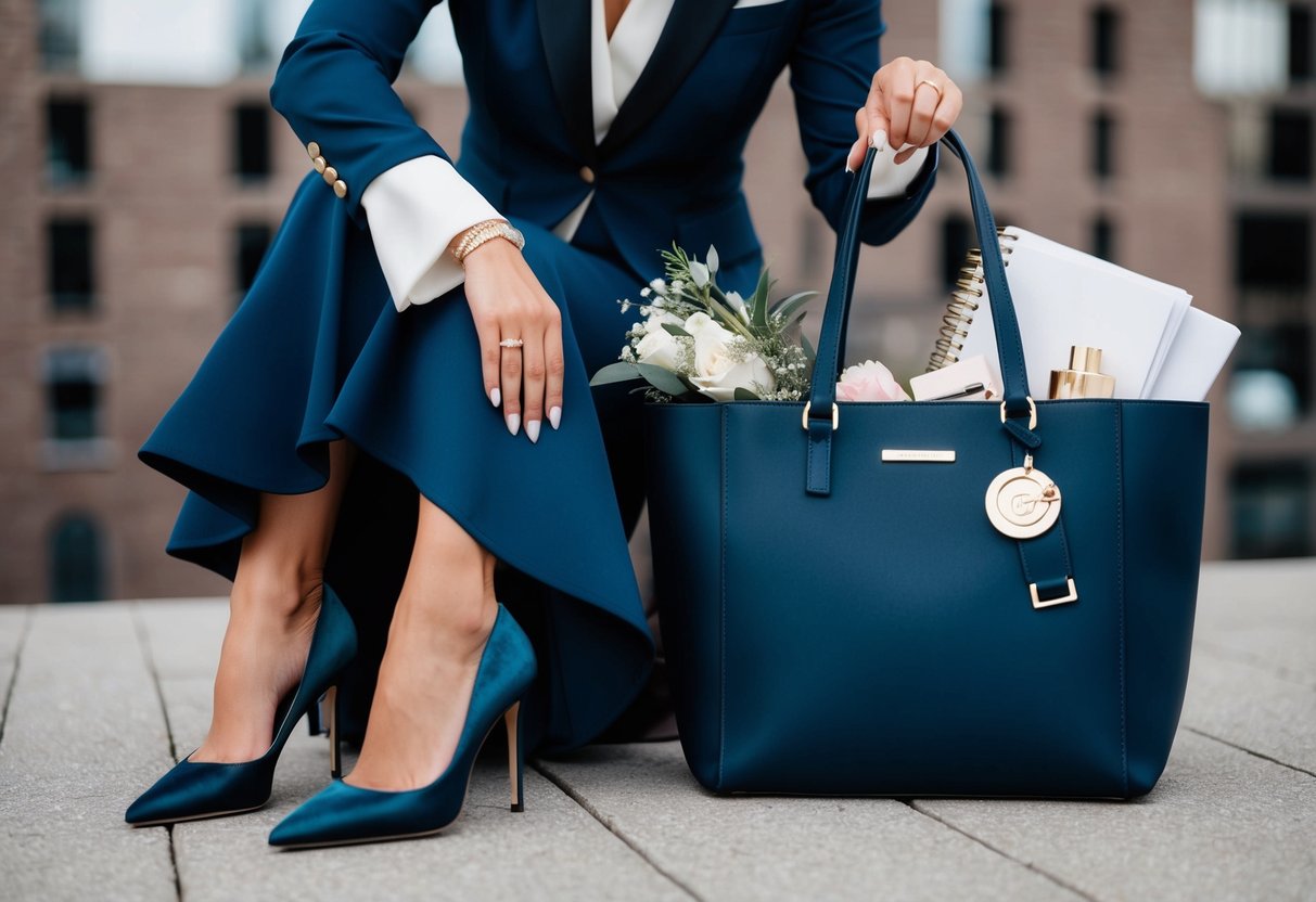 A wedding planner's outfit: a sleek blazer, stylish dress, and elegant heels, with a chic tote bag filled with planning essentials