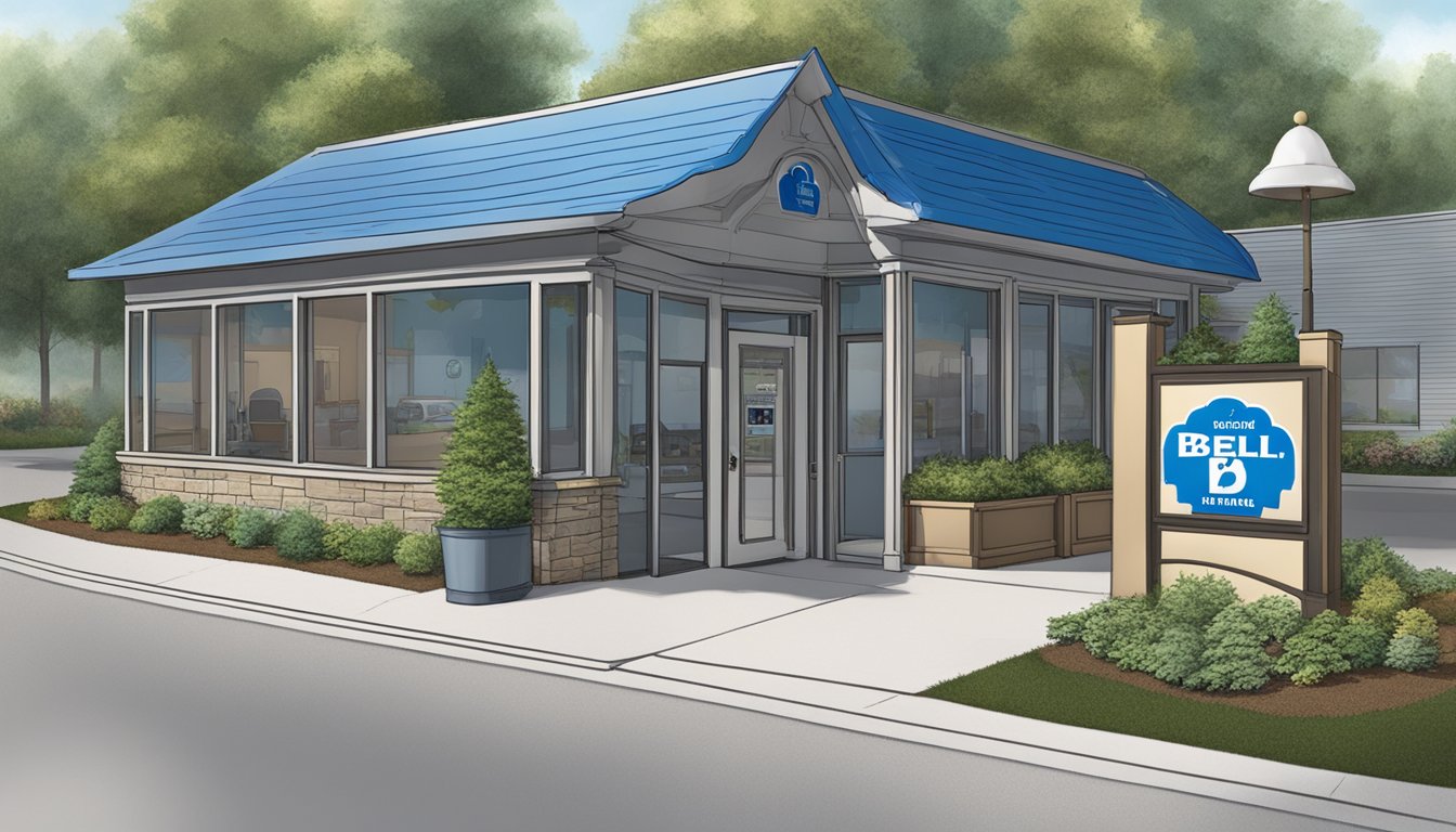 A wheelchair ramp leads to a storefront with a blue bell logo. The building is surrounded by trees and a parking lot