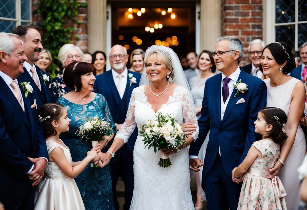 A mother of the bride stands at the center of attention, surrounded by family and friends, radiating love and pride on her daughter's special day
