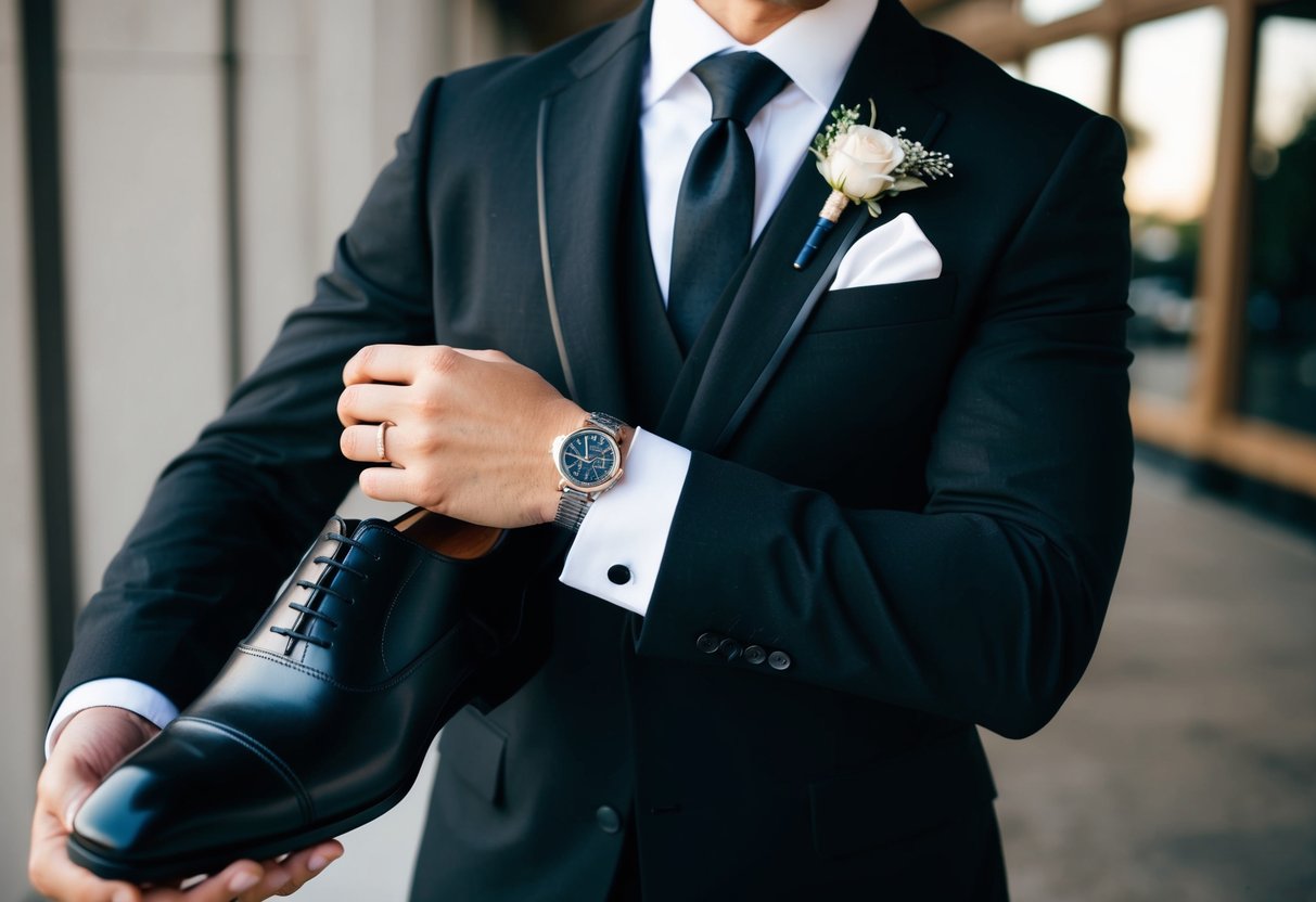A wedding planner's attire: a sleek black suit, coordinating with a crisp white shirt and a stylish tie. A sleek watch and polished dress shoes complete the look
