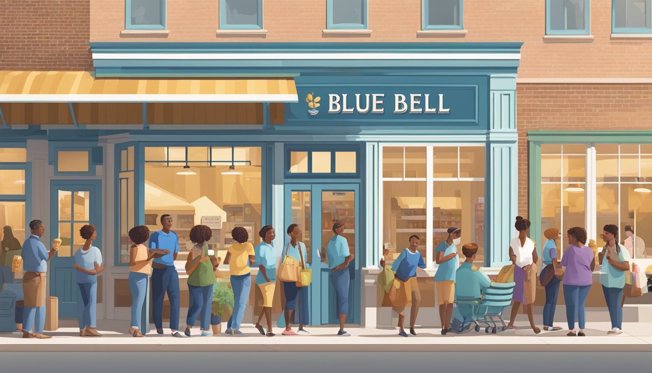 A sunny day at Blue Bell Creameries, with a line of customers outside the storefront, enjoying ice cream and chatting happily