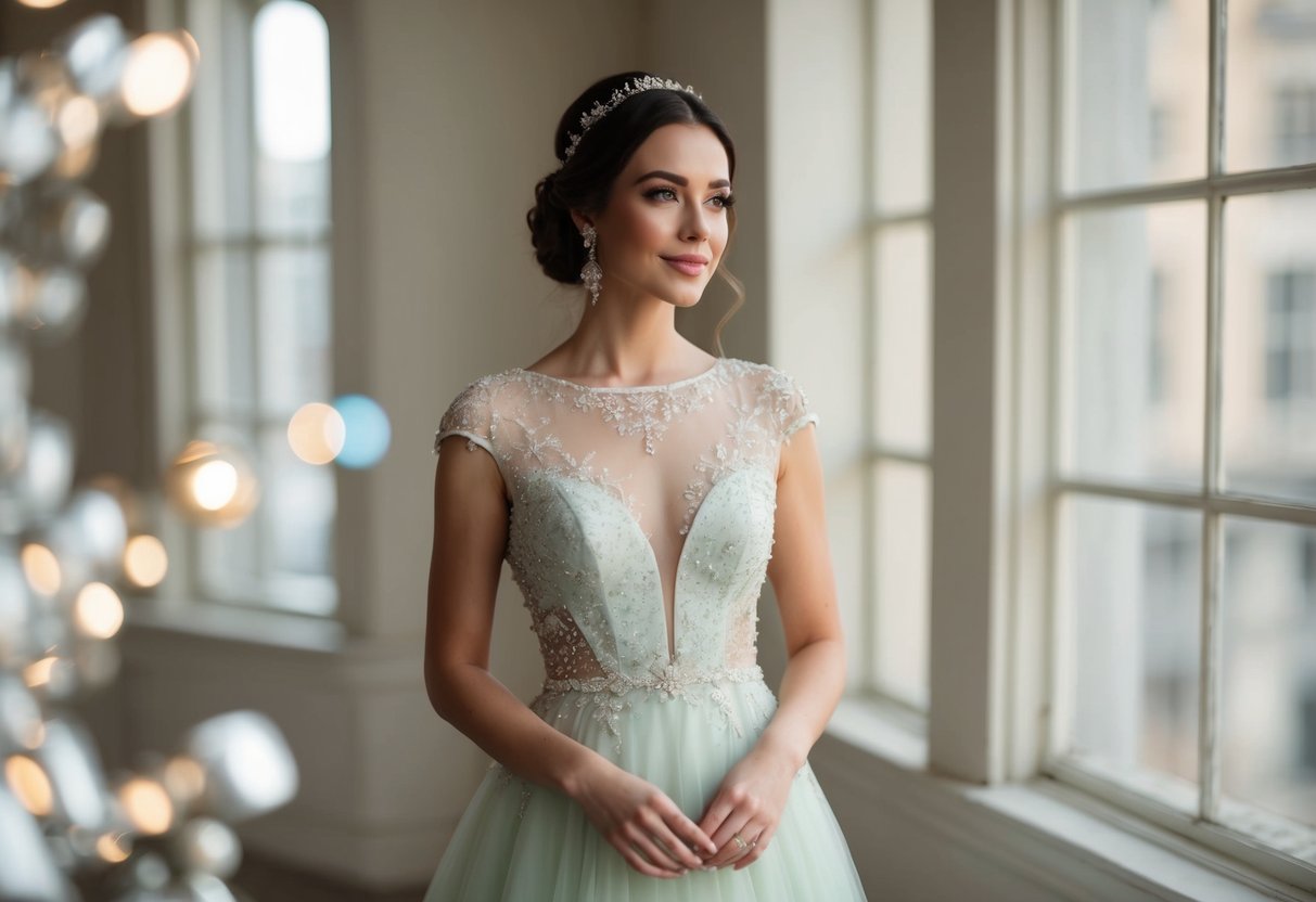 A woman in an elegant, floor-length gown in a soft, pastel color, adorned with delicate lace and shimmering details