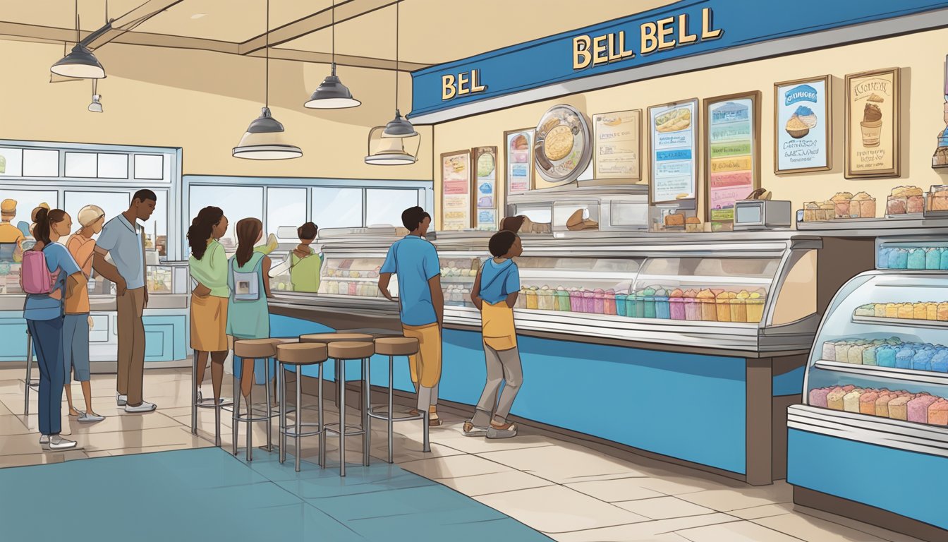 A bustling ice cream shop with a colorful menu board and a display case filled with various flavors of Blue Bell ice cream. Customers line up at the counter to place their orders