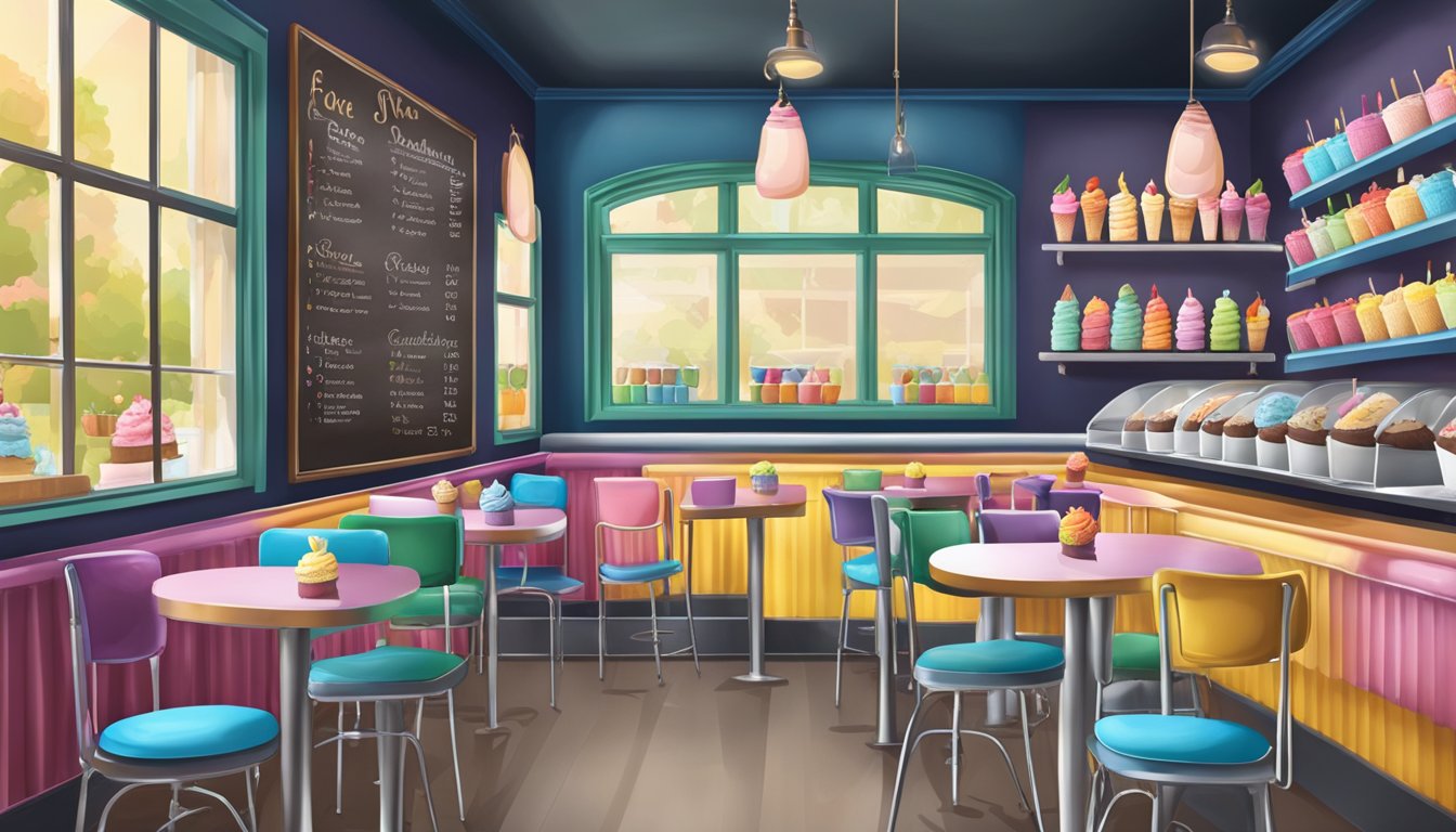 A colorful ice cream parlor with a variety of flavors displayed on a chalkboard menu. Tables and chairs fill the space, and a friendly atmosphere is evident