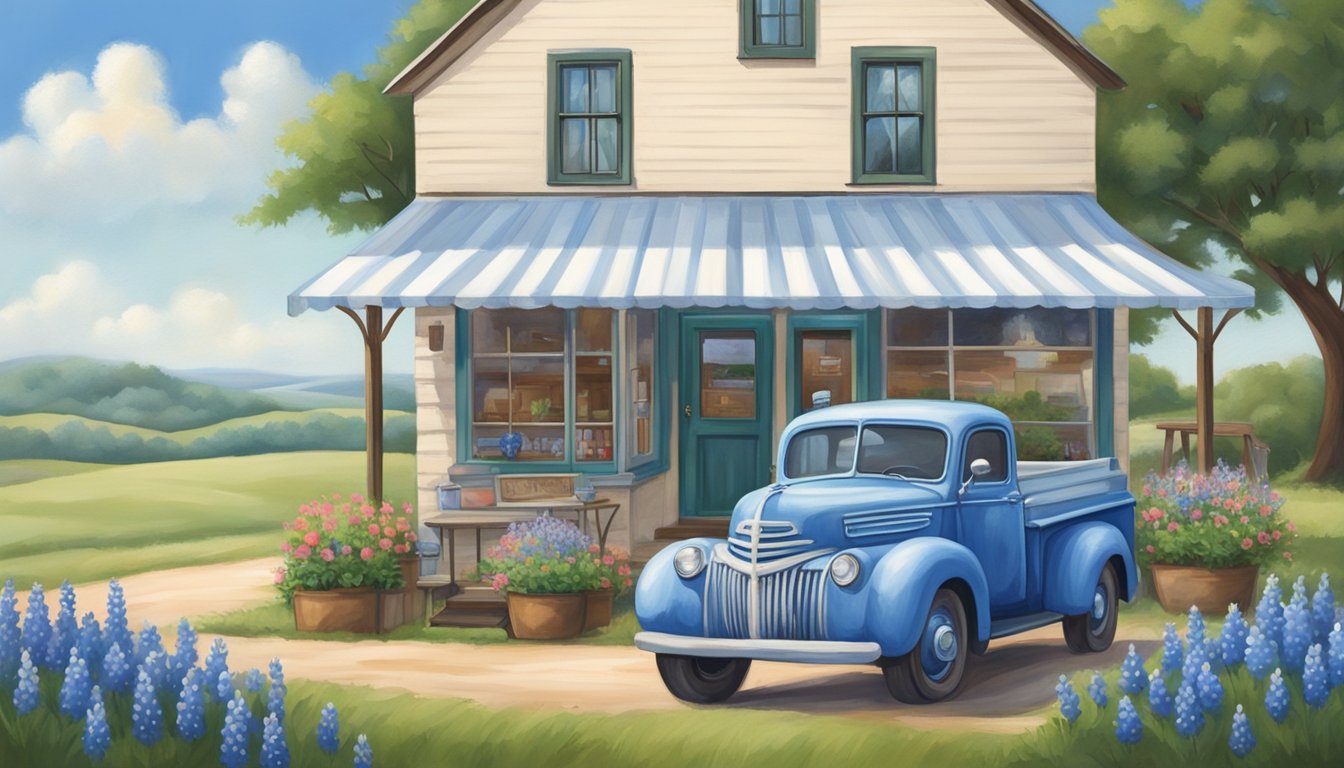 A quaint creamery nestled in a small Texan town, surrounded by rolling hills and fields of bluebonnets. A vintage milk truck sits outside the charming storefront