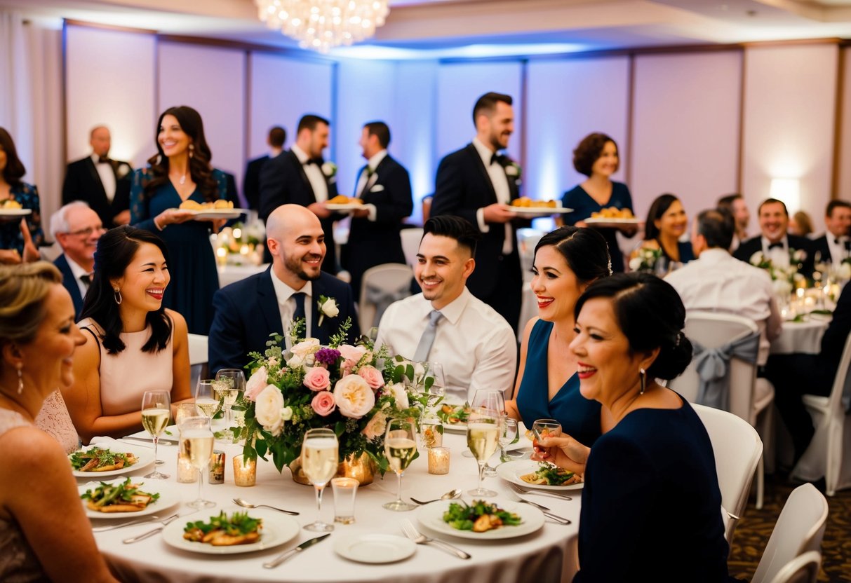 Guests mingle at tables adorned with floral centerpieces, while waitstaff serve plated dinners. Laughter and conversation fill the air as the room buzzes with excitement