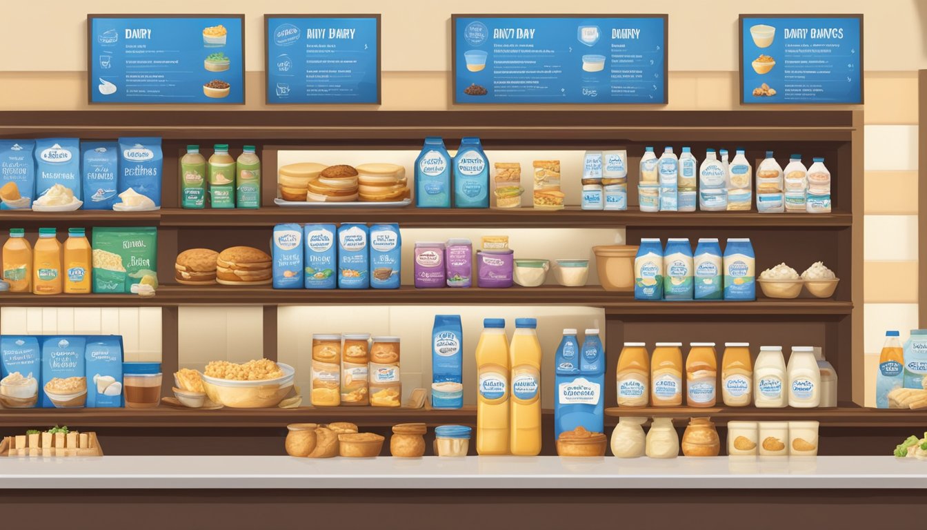 A colorful display of various dairy and non-dairy products arranged on shelves, with a menu board featuring different dietary options and alternatives at Blue Bell Creameries in Sylacauga