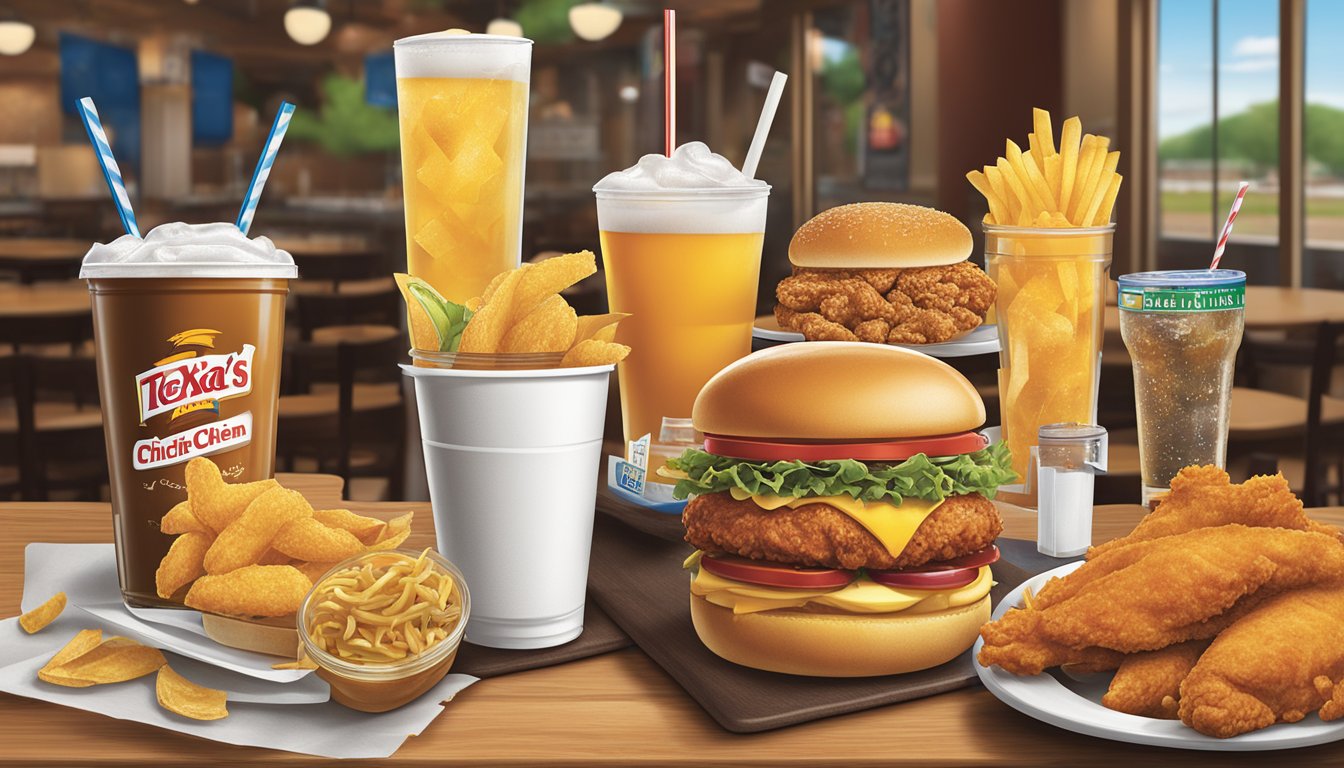 A table with various beverage options displayed in front of the Church's Texas Chicken menu in Spartanburg