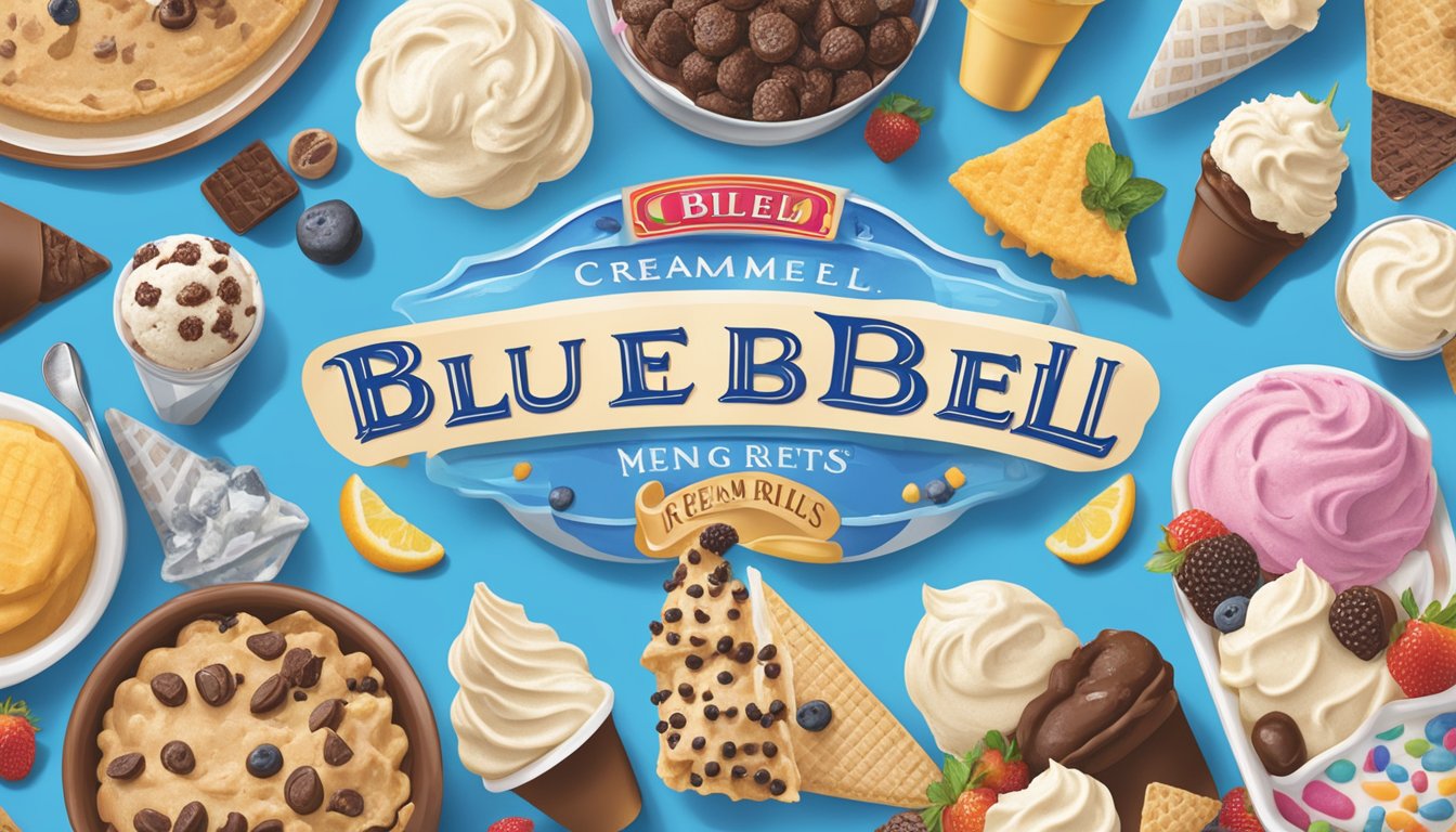 The Blue Bell Creameries menu displayed with various ice cream flavors and toppings, surrounded by cheerful customers enjoying their treats