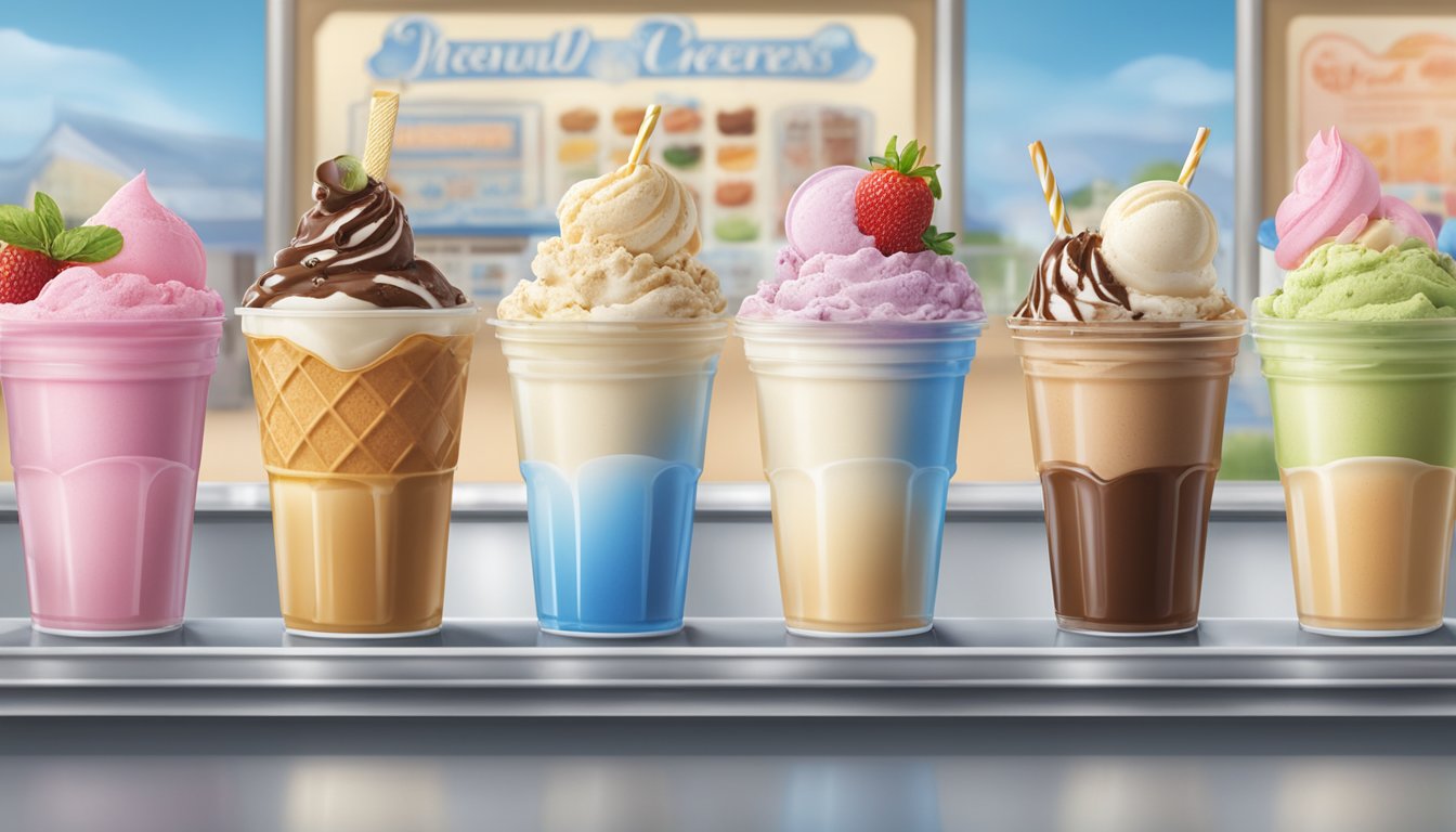 A colorful display of various ice cream flavors and milkshakes on a menu board at Blue Bell Creameries in Sylacauga