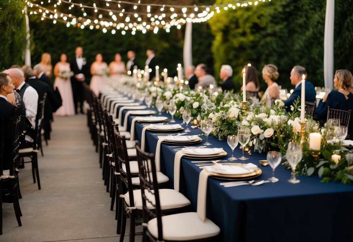A long dining table with elegant place settings, surrounded by twinkling lights and lush greenery, awaits guests at a wedding rehearsal dinner