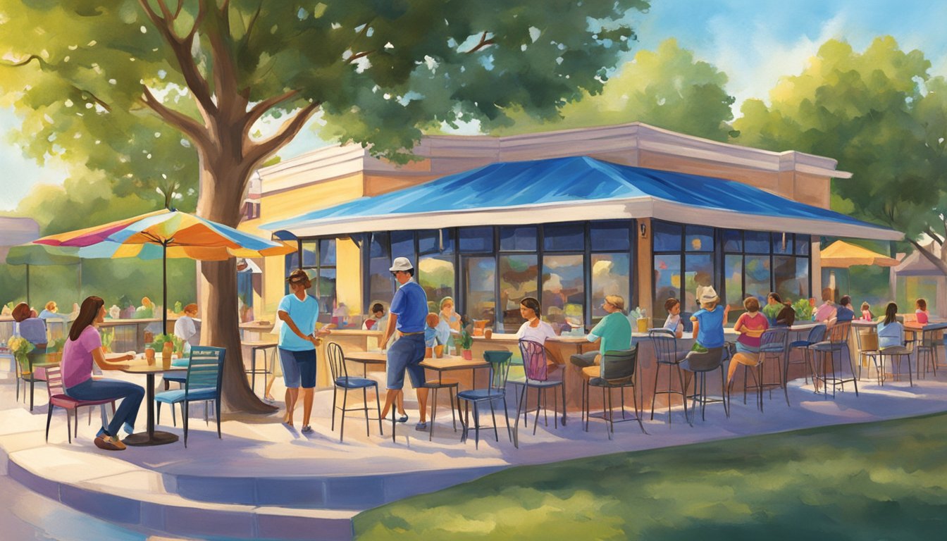 A family enjoys Blue Bell ice cream at a colorful outdoor seating area in Lewisville, TX. The sun shines on the cheerful atmosphere as customers savor their sweet treats