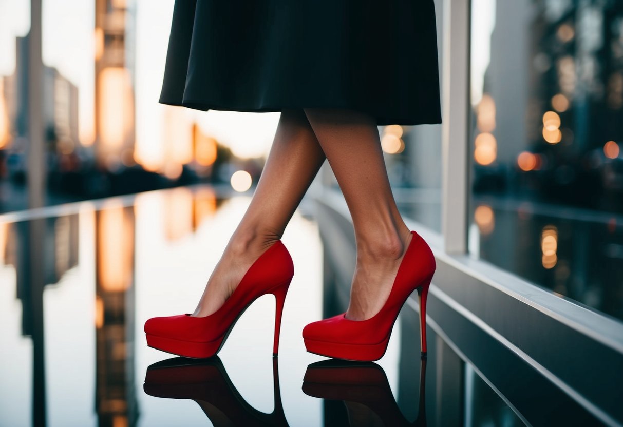 A black dress with red stiletto heels, standing on a reflective surface