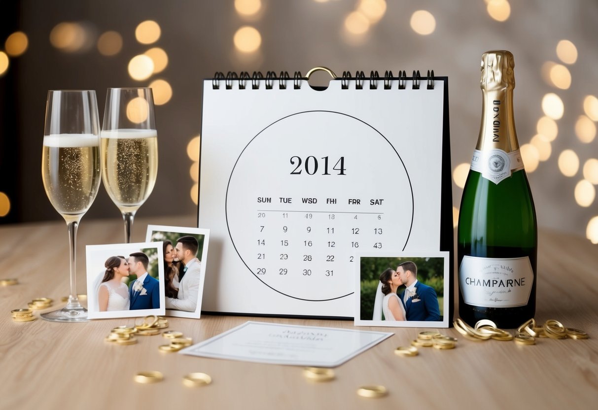 A calendar with a circle around a wedding date, surrounded by engagement photos and a champagne bottle