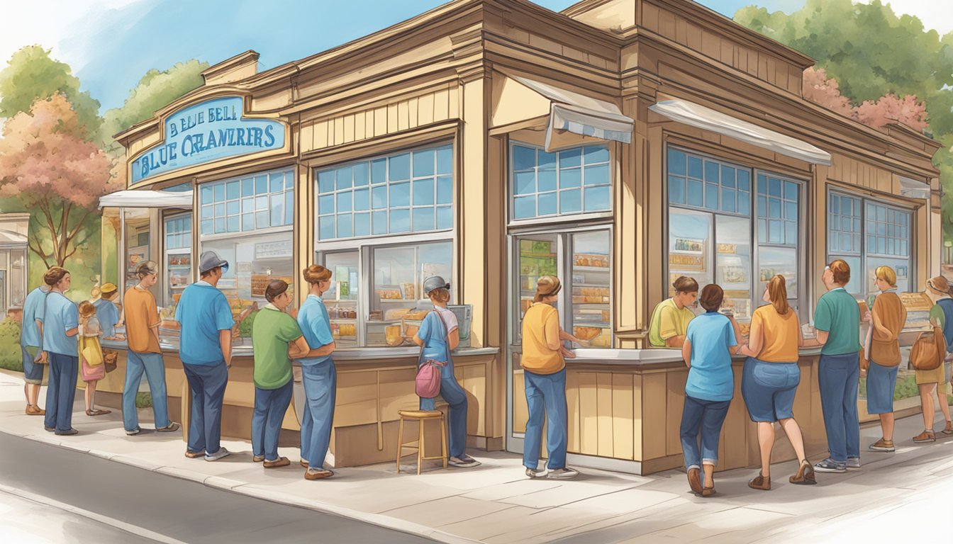 A sunny day at Blue Bell Creameries, with a colorful menu board and a line of customers waiting to order their favorite ice cream flavors