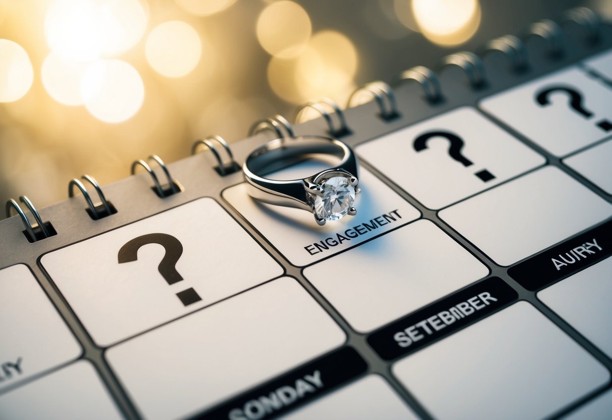 A calendar with a ring on the date of engagement, surrounded by question marks and arrows pointing to potential wedding dates